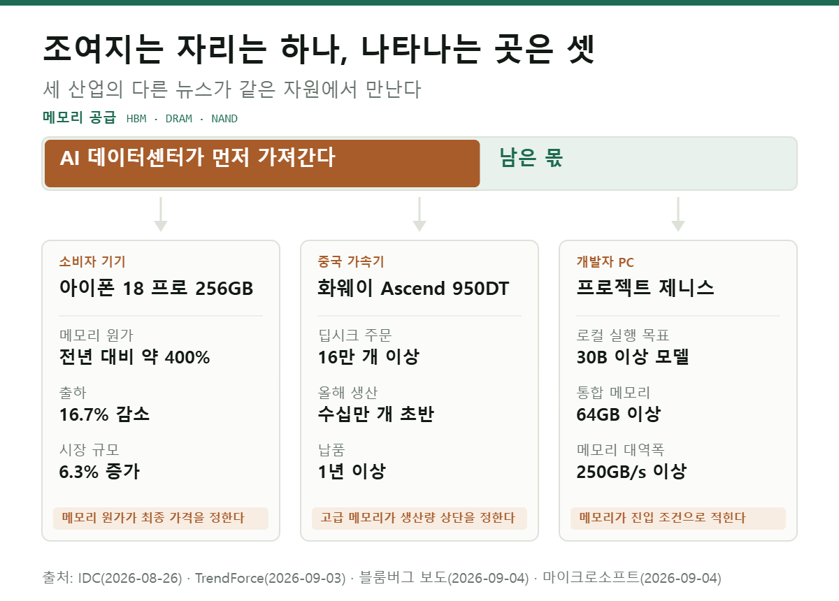 메모리 공급에서 AI 데이터센터가 먼저 가져가고 남은 몫이 소비자 기기, 중국 가속기, 개발자 PC로 나뉘는 구조. 세 곳 모두 메모리가 조건을 정한다.